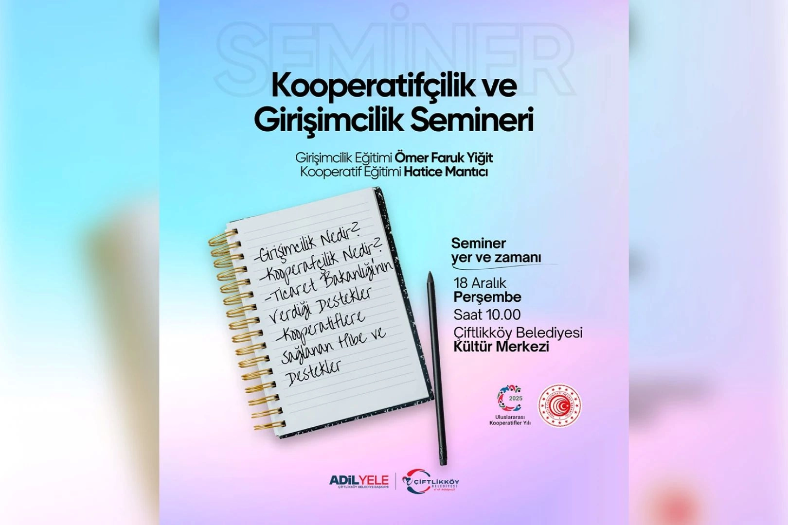 Çiftlikköy'de Girişimcilik ve Kooperatifçilik Semineri: 18 Aralık