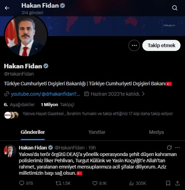 Hakan Fidan'dan Şehit Polisler İçin Taziye Mesajı: İlker Pehlivan, Turgut Külünk, Yasin Koçyiğit