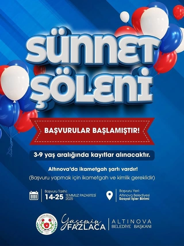 Altınova Belediyesi Sünnet Şöleni Başvuruları 14 Temmuz'da Başlıyor