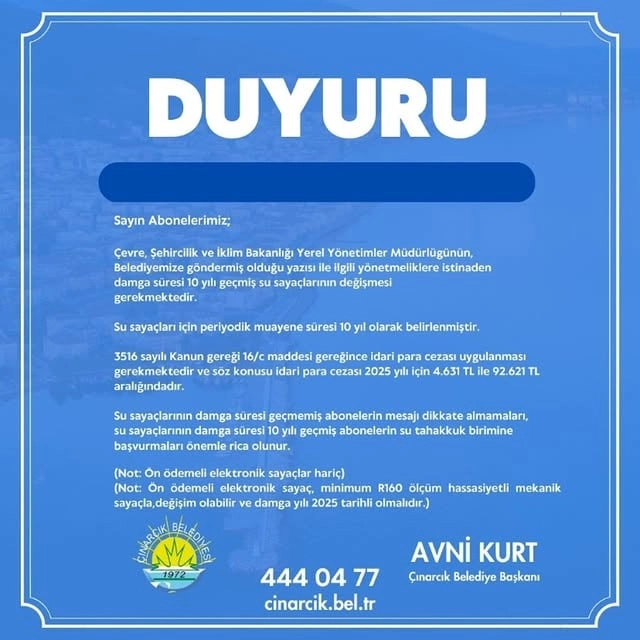 Çınarcık'ta Su Sayaçları Uyarısı: 10 Yılı Geçen Sayaçlar Değişecek