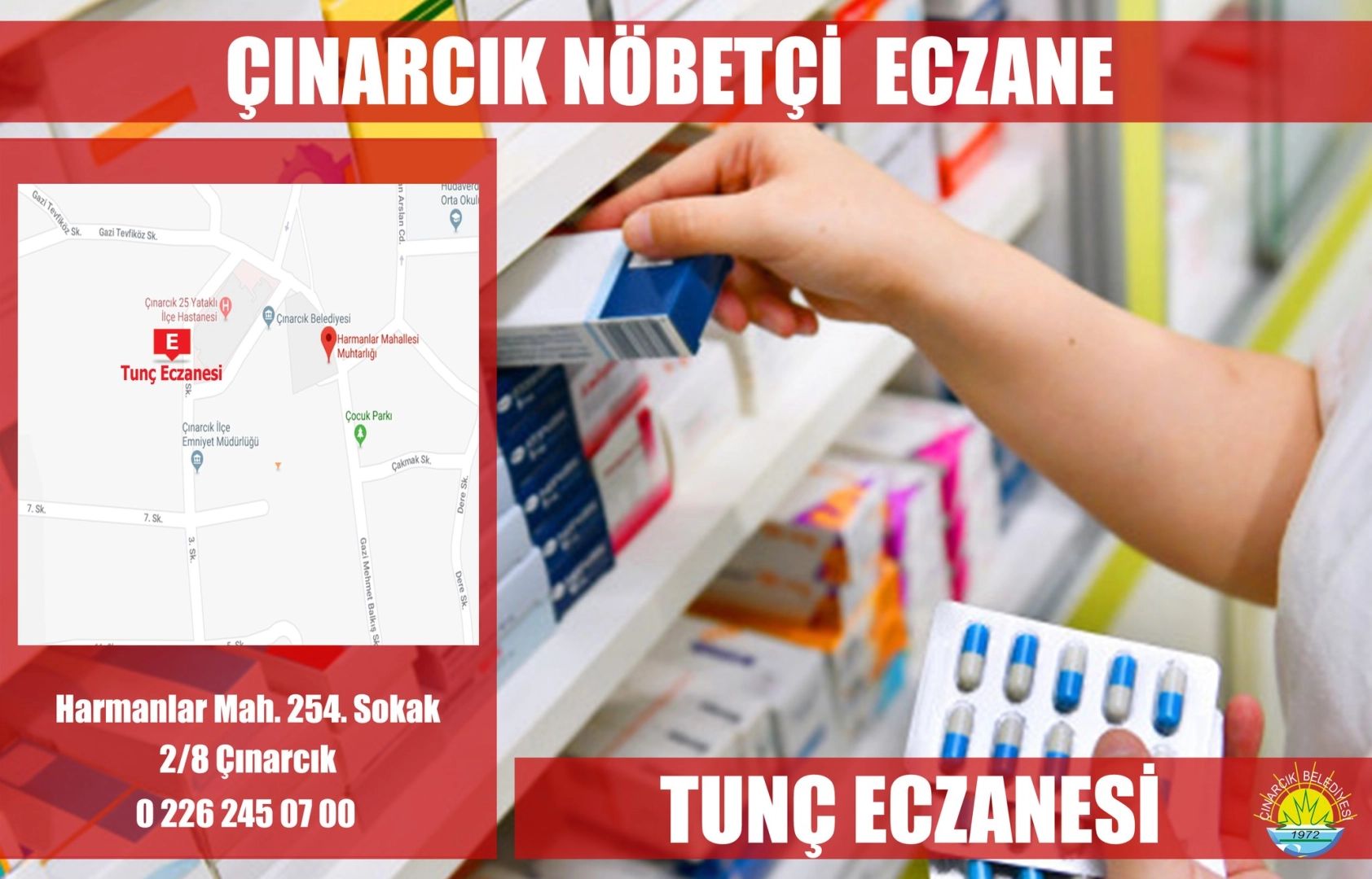 Çınarcık 31 Temmuz Nöbetçi Eczane: Tunç Eczanesi