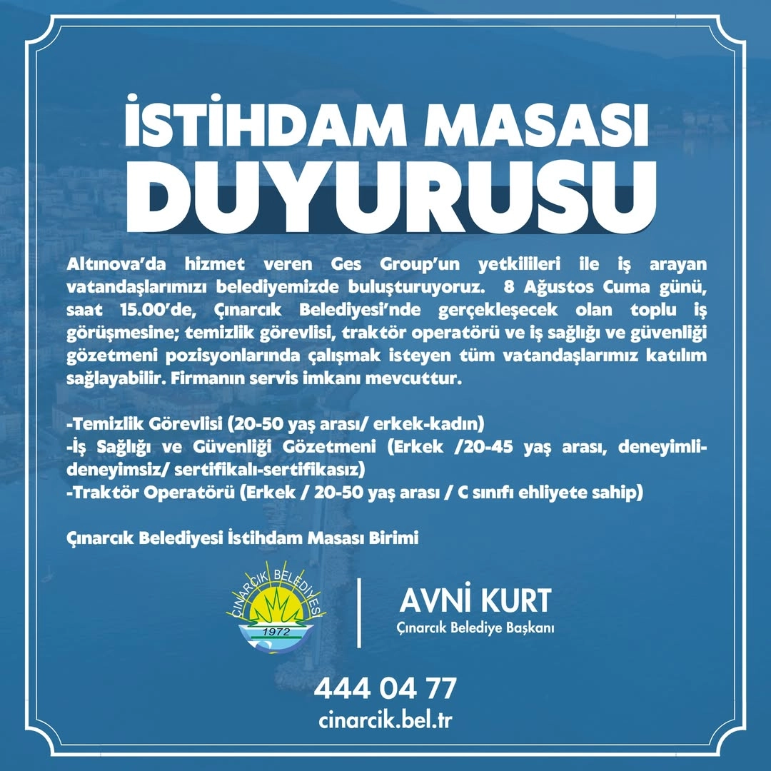 Çınarcık'ta İş Fırsatı: 8 Ağustos Toplu İş Görüşmesi