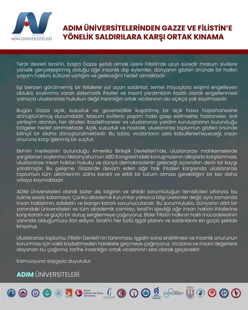Türk Üniversiteleri Gazze İçin Ortak Bildiri Yayınladı