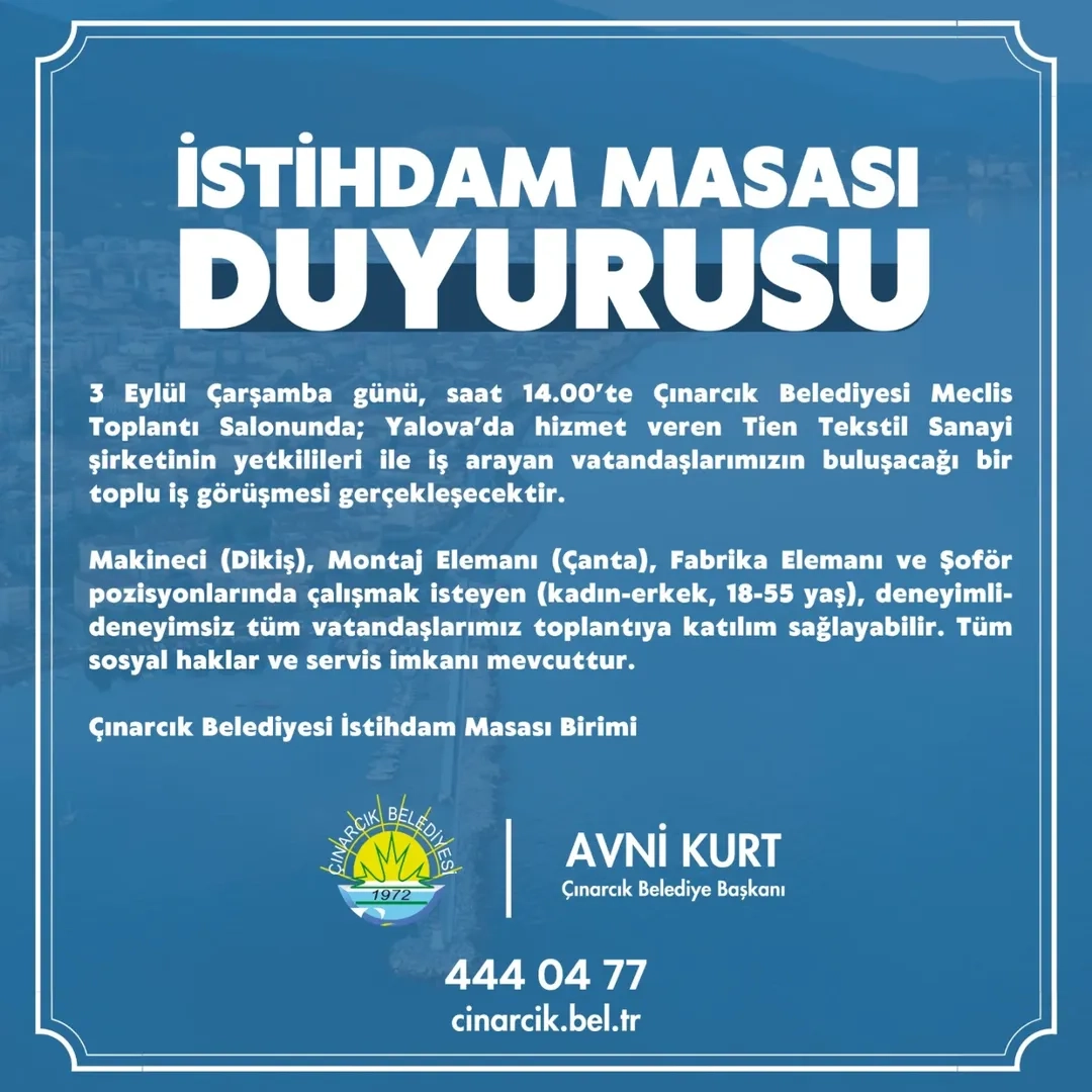 Çınarcık'ta İş İmkanı: 3 Eylül'de Toplu İş Görüşmesi