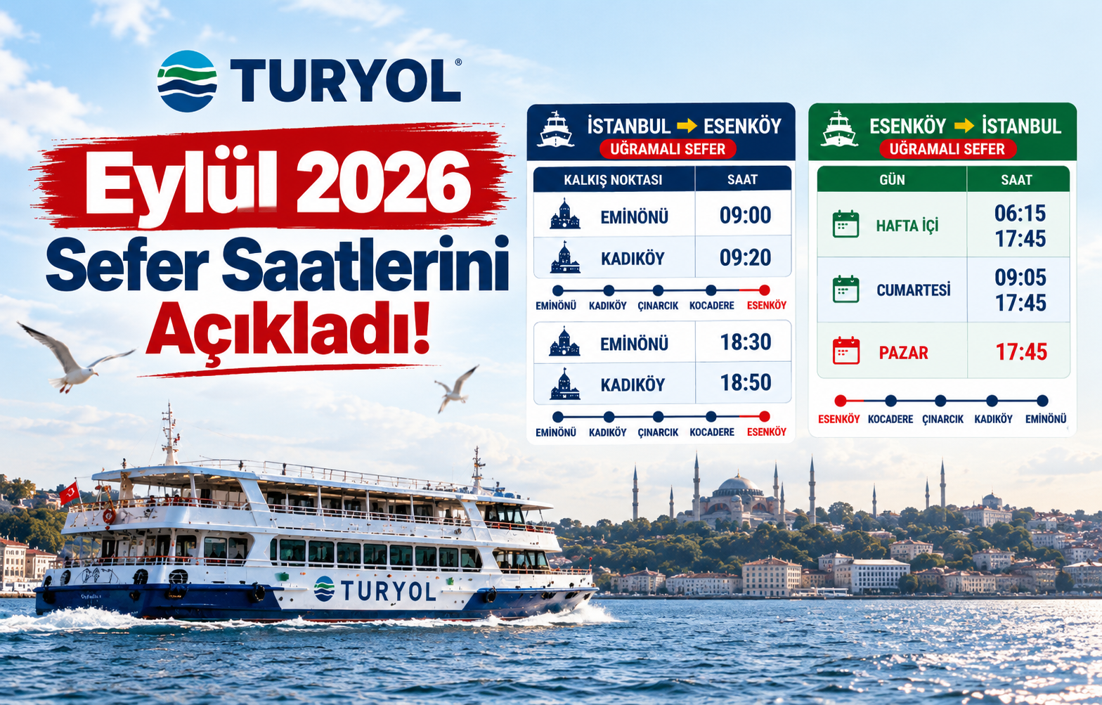 Yalova - İstanbul Hattında Seyahat Edecekler Dikkat: TURYOL Eylül 2026 Esenköy ve Çınarcık Sefer Saatlerini Açıkladı!